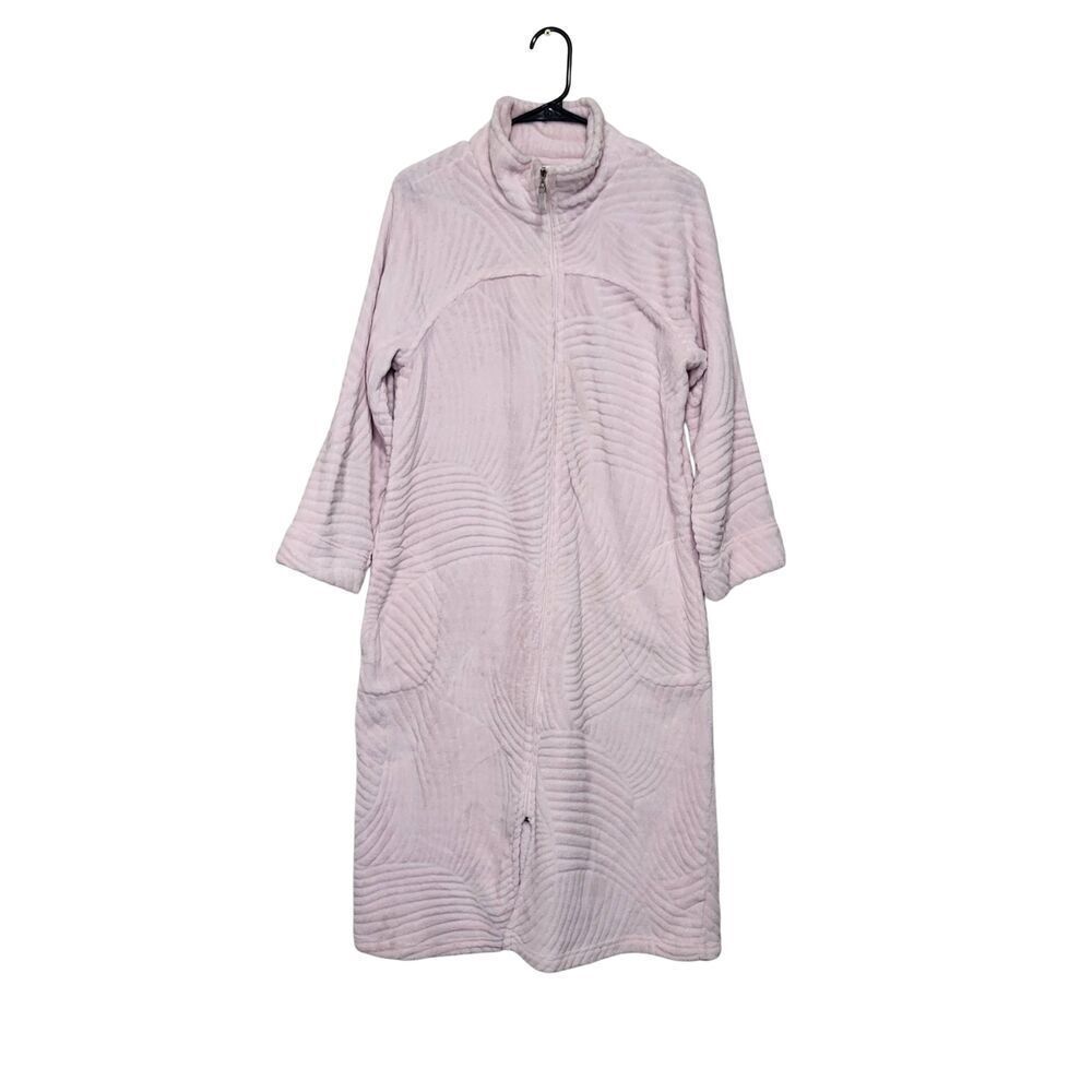 Miss Elaine Essentials Robe Pink Embossed Fleece Full-Zip Long Pocketed Housecoa